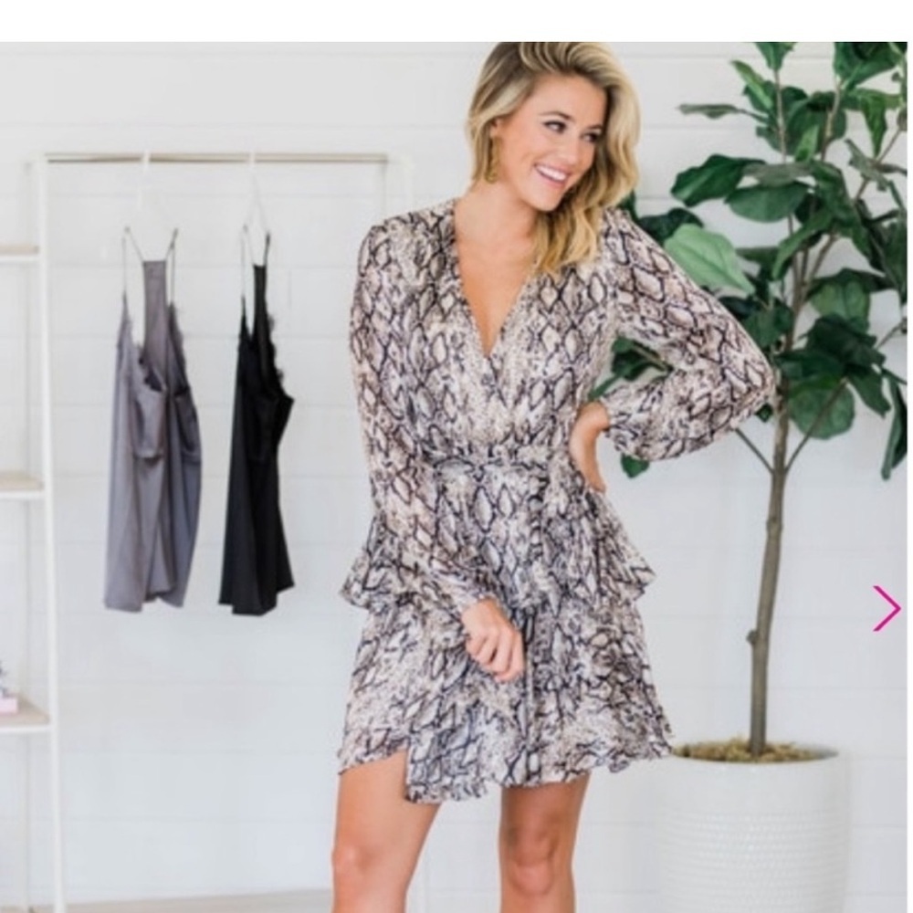Do+Be Long Sleeve Surplice V Neck Snakeskin Print Ruffle Skirt Mini Dress
